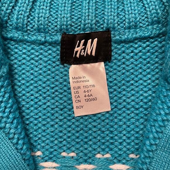 H&M Kids Fair Isle Sweater Zip Cardigan Blue Wool Blend 4-6Y NWT - Picture 3 of 9